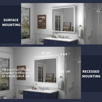 Rim 36" W x 32" H LED lighted medicine cabinet with clock, shown in both surface and recessed mounting options in modern bathroom setting.