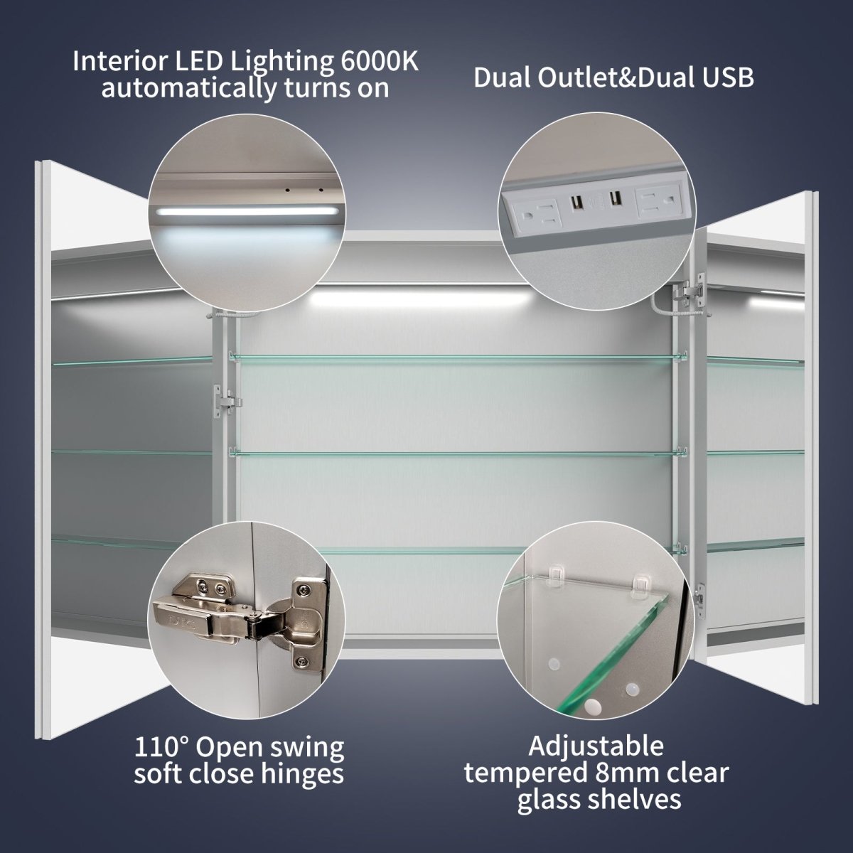 Rim 36" x 32" LED lighted medicine cabinet with clock, dual outlet, USB ports, and adjustable glass shelves.