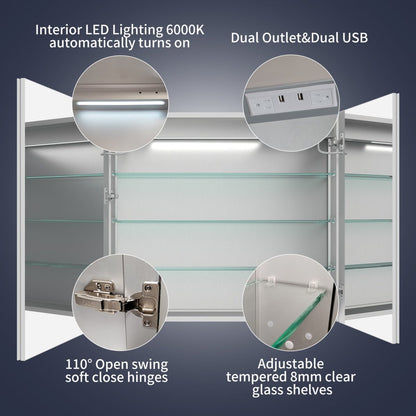 Rim 36" x 32" LED lighted medicine cabinet with clock, dual outlet, USB ports, and adjustable glass shelves.
