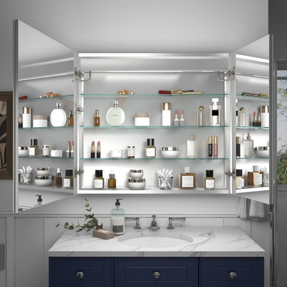 Rim 36" x 32" LED Lighted Medicine Cabinet with Clock in bathroom setting.