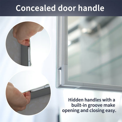 Concealed door handle on Rim 36" W x 32" H LED lighted medicine cabinet with hidden groove for easy opening and closing.