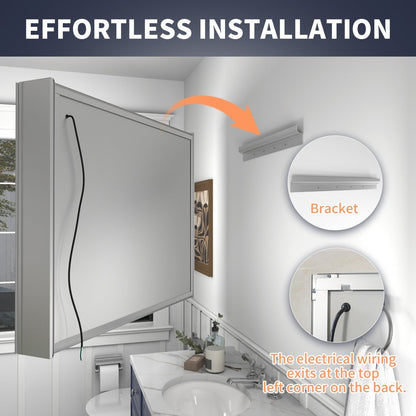 Rim 36" W x 32" H LED lighted medicine cabinet with clock, showcasing easy recessed or surface installation in bathroom.
