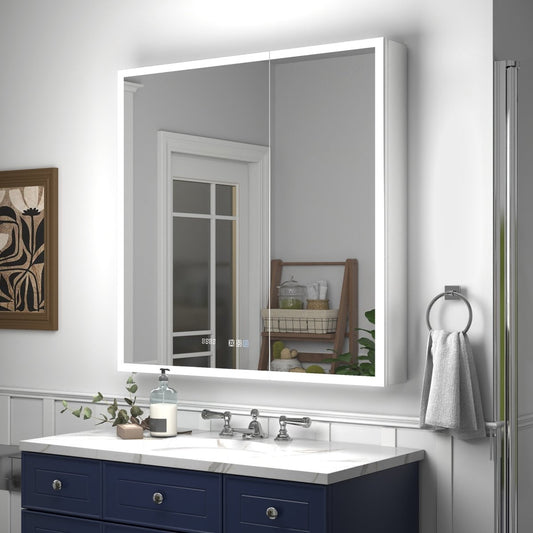 Rim 36" x 36" lighted medicine cabinet with LED lighting, outlets, USB ports, and mirror above a bathroom sink.