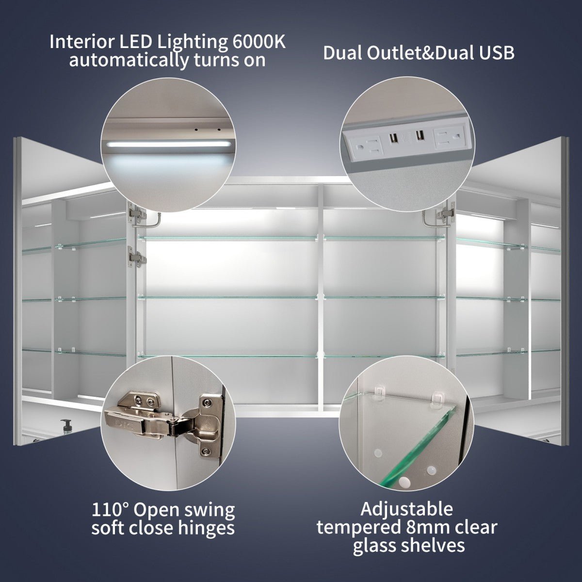 Rim 40" x 30" LED Lighted Medicine Cabinet with interior LED lighting, dual outlet, and USB ports suitable for recessed or surface installation.
