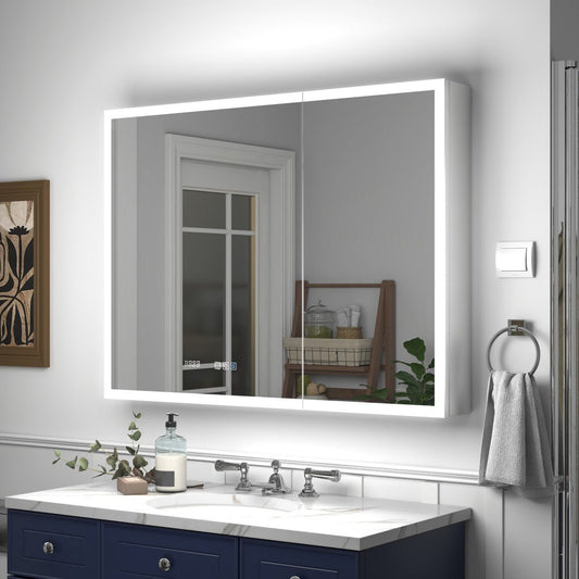 Rim 40" x 30" LED lighted medicine cabinet with mirrors, recessed or surface mount, shown installed above a bathroom sink.