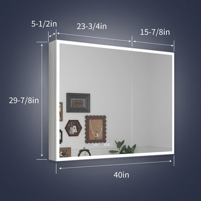 Rim 40" W x 30" H LED lighted medicine cabinet with mirrors, recessed or surface mounted, featuring adjustable lighting and mirrored glass shelves.