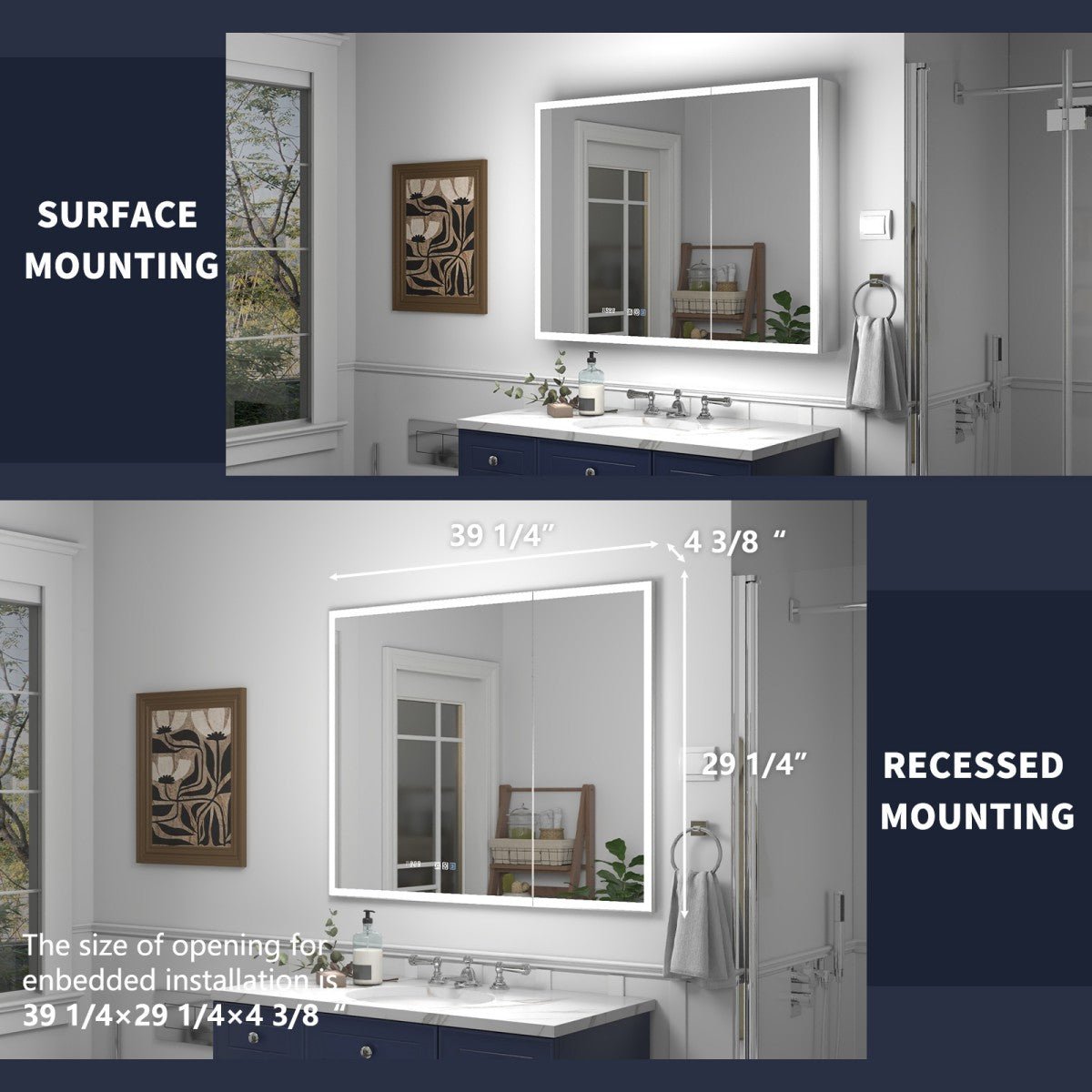 Rim 40" x 30" LED lighted medicine cabinet, recessed or surface mount, with mirrors, adjustable lighting, defogging, and digital display.