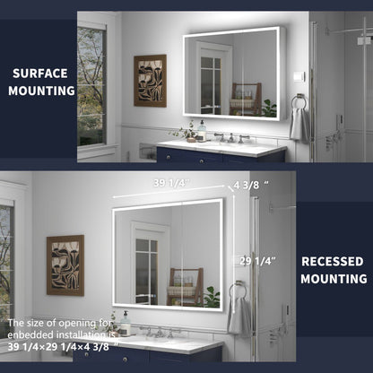 Rim 40" x 30" LED lighted medicine cabinet, recessed or surface mount, with mirrors, adjustable lighting, defogging, and digital display.