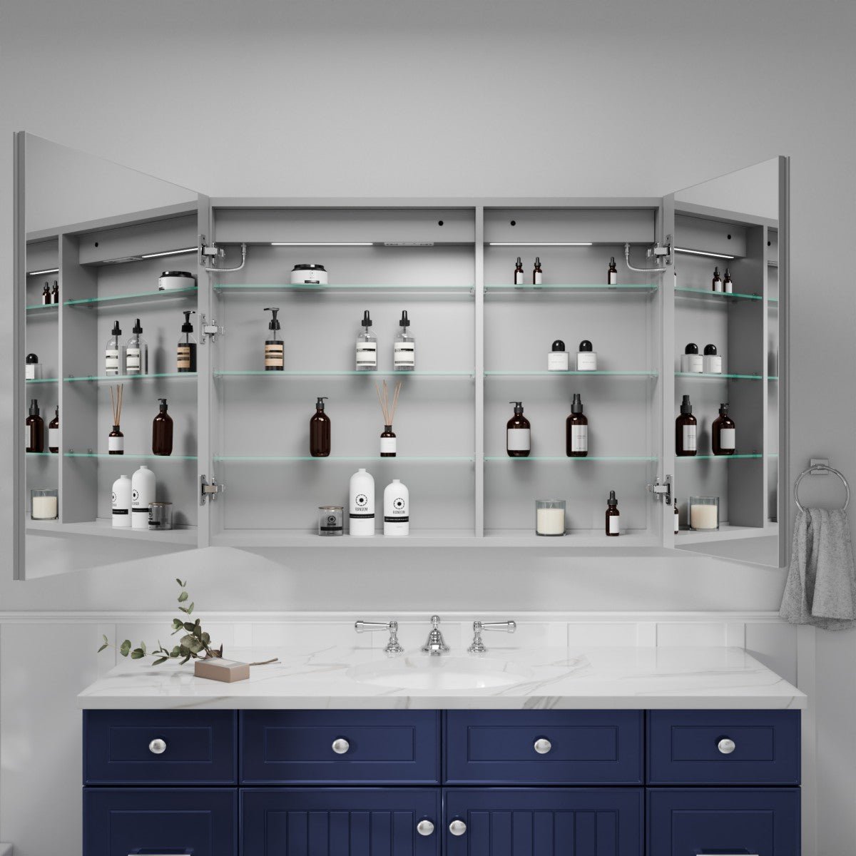 Rim 40" x 30" LED lighted medicine cabinet with mirrors, recessed or surface installation.