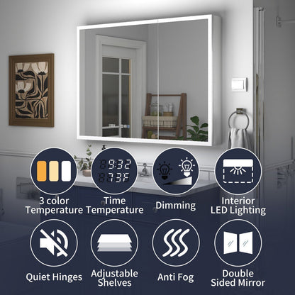 Rim 40" x 30" LED lighted medicine cabinet with mirrors, adjustable lighting, and recessed or surface installation option.