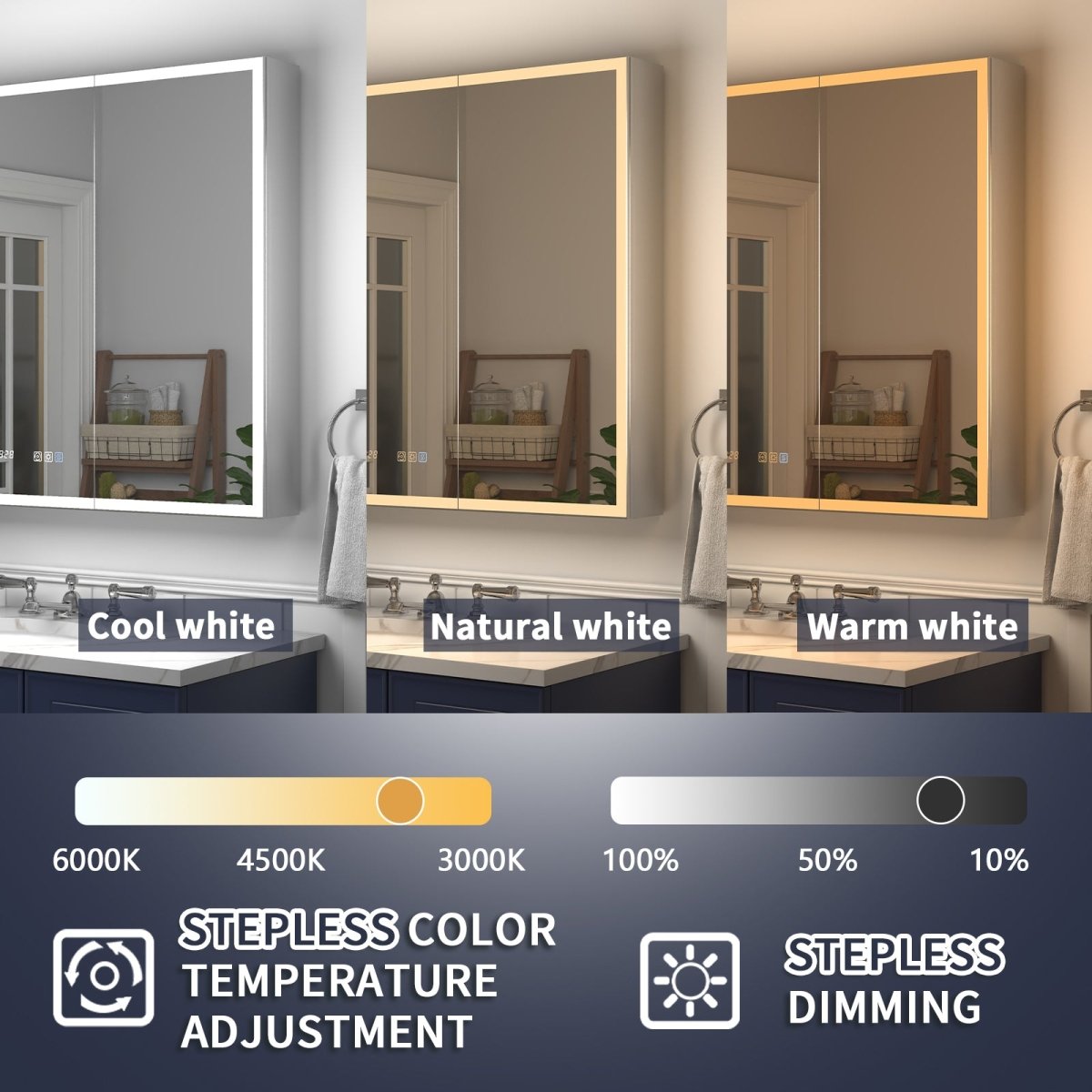 Rim 40" x 32" LED lighted medicine cabinet with stepless color and dimming adjustments.