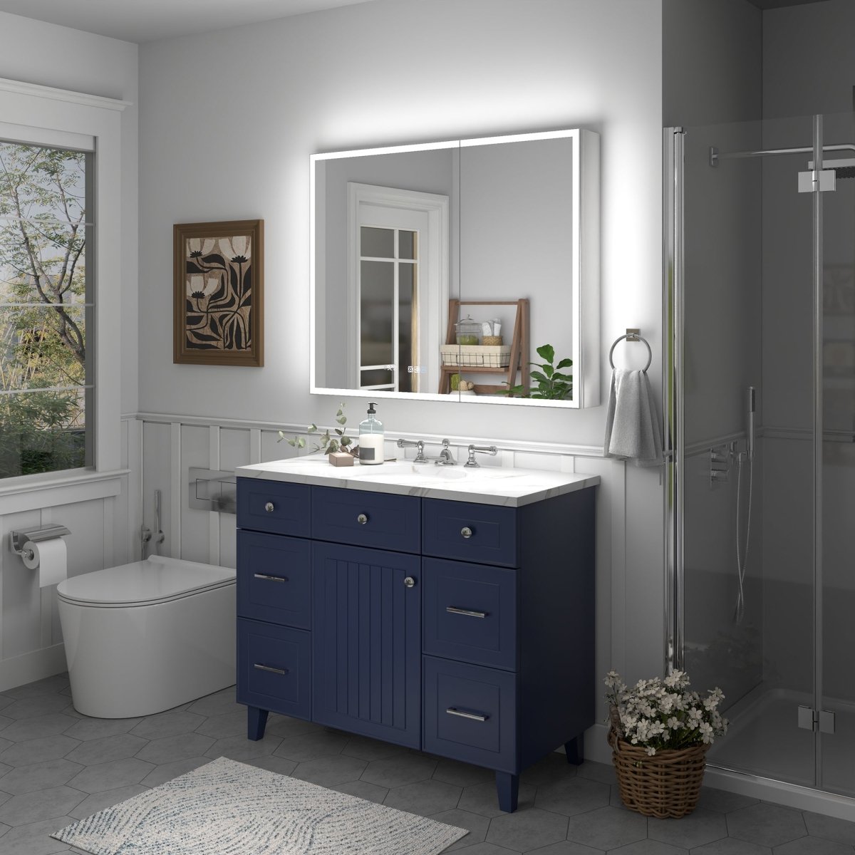 Rim 40" W x 32" H LED lighted medicine cabinet with mirrors in modern bathroom setting.