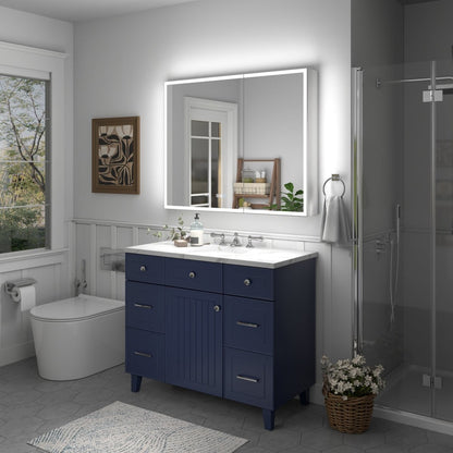 Rim 40" W x 32" H LED lighted medicine cabinet with mirrors in modern bathroom setting.