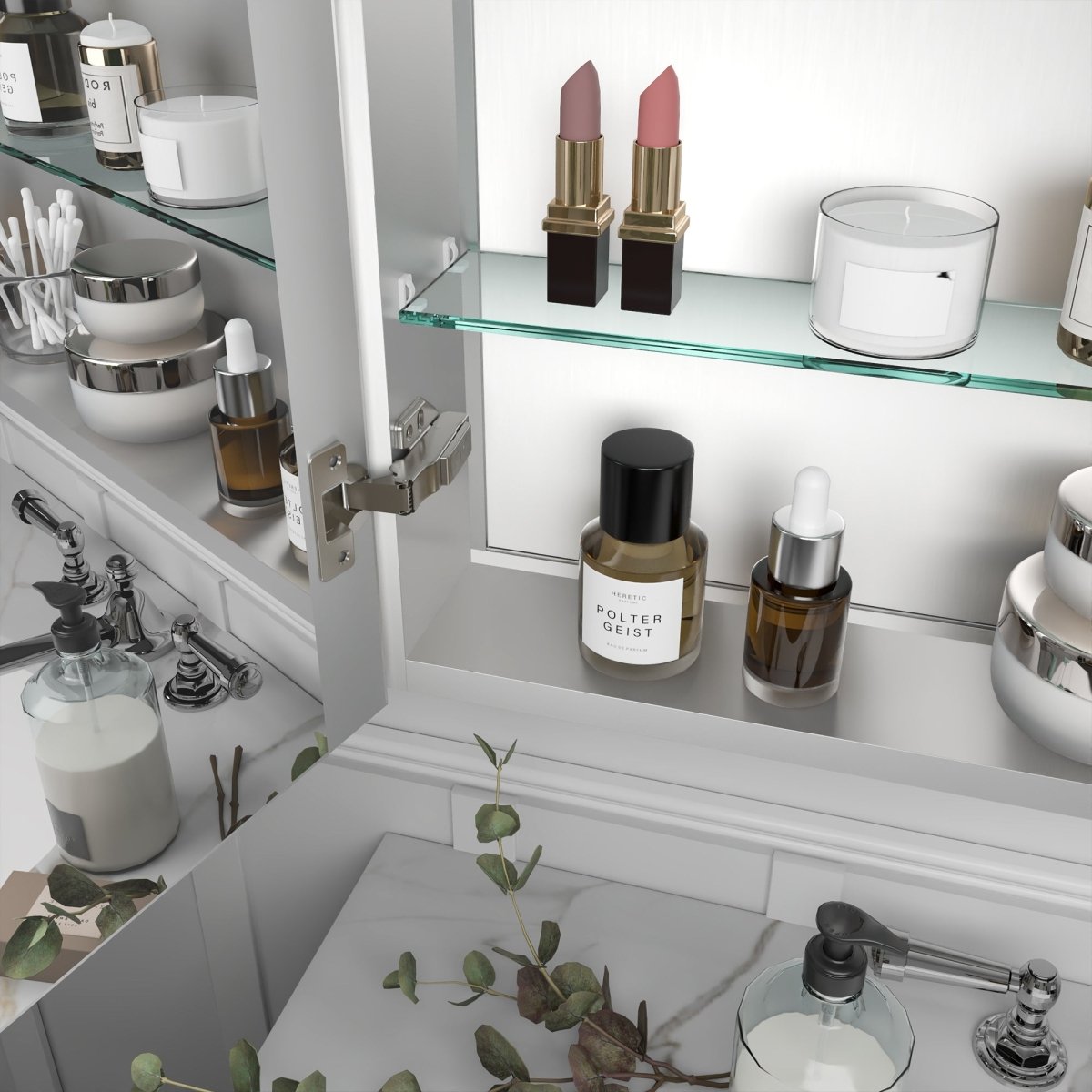 LED lighted medicine cabinet with mirrored shelves and adjustable brightness.