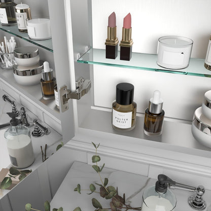 LED lighted medicine cabinet with mirrored shelves and adjustable brightness.