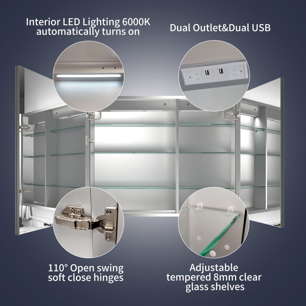 Rim 40" W x 32" H LED lighted medicine cabinet with mirrors and recessed or surface installation.