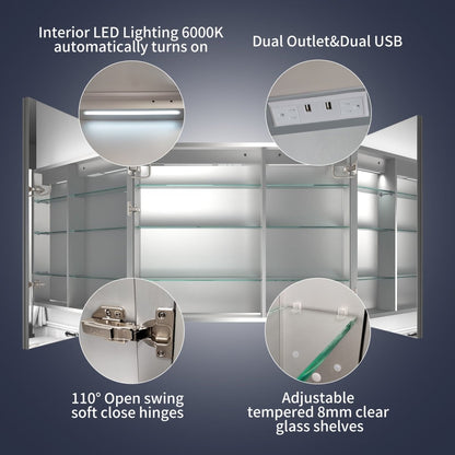 Rim 40" W x 32" H LED lighted medicine cabinet with mirrors and recessed or surface installation.