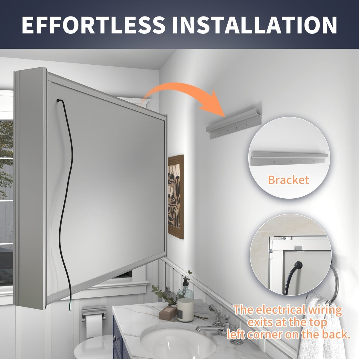 Rim 40" W x 32" H LED Lighted Medicine Cabinet with Mirrors mounted on bathroom wall, showcasing effortless installation and electrical wiring details.