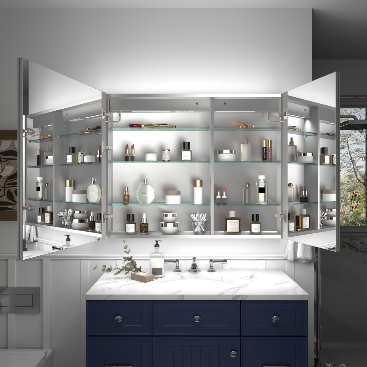 Rim 40" W x 32" H LED lighted medicine cabinet with mirrors, recessed or surface mount, open showing shelves.