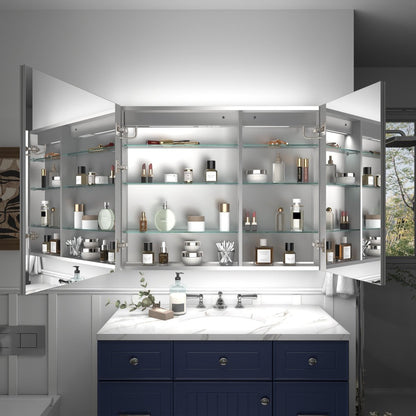 Rim 40" W x 32" H LED lighted medicine cabinet with mirrors, recessed or surface mount, open showing shelves.