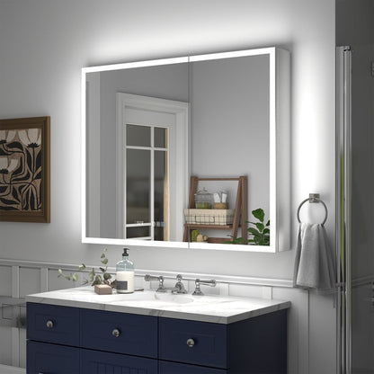 Rim 40" x 32" LED lighted medicine cabinet with mirrors, mounted above a bathroom sink.