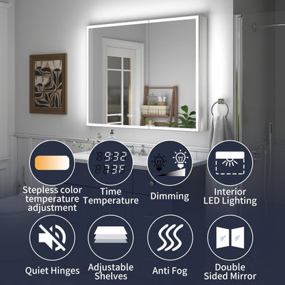 Rim 40" x 32" LED lighted medicine cabinet with mirrors, featuring dimming, anti-fog, and interior lighting, ideal for recessed or surface mounting.