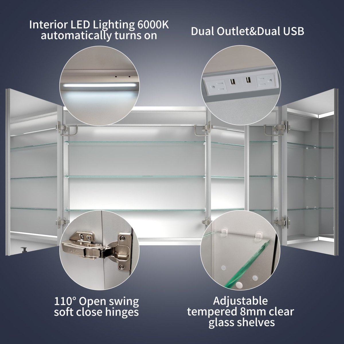 Rim 48" x 30" LED medicine cabinet with interior lighting, dual outlets, and adjustable glass shelves.