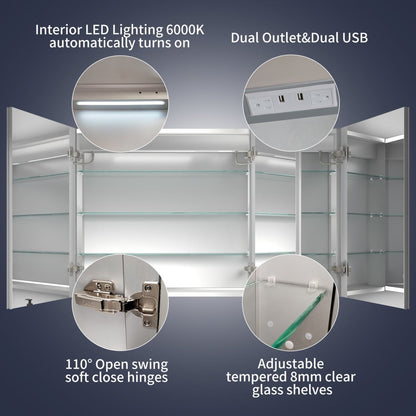 Rim 48" x 30" LED medicine cabinet with interior lighting, dual outlets, and adjustable glass shelves.