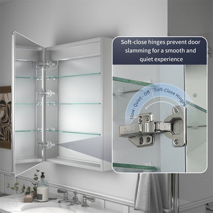 Rim 48" x 30" LED lighted medicine cabinet with mirrored shelves and recessed installation.