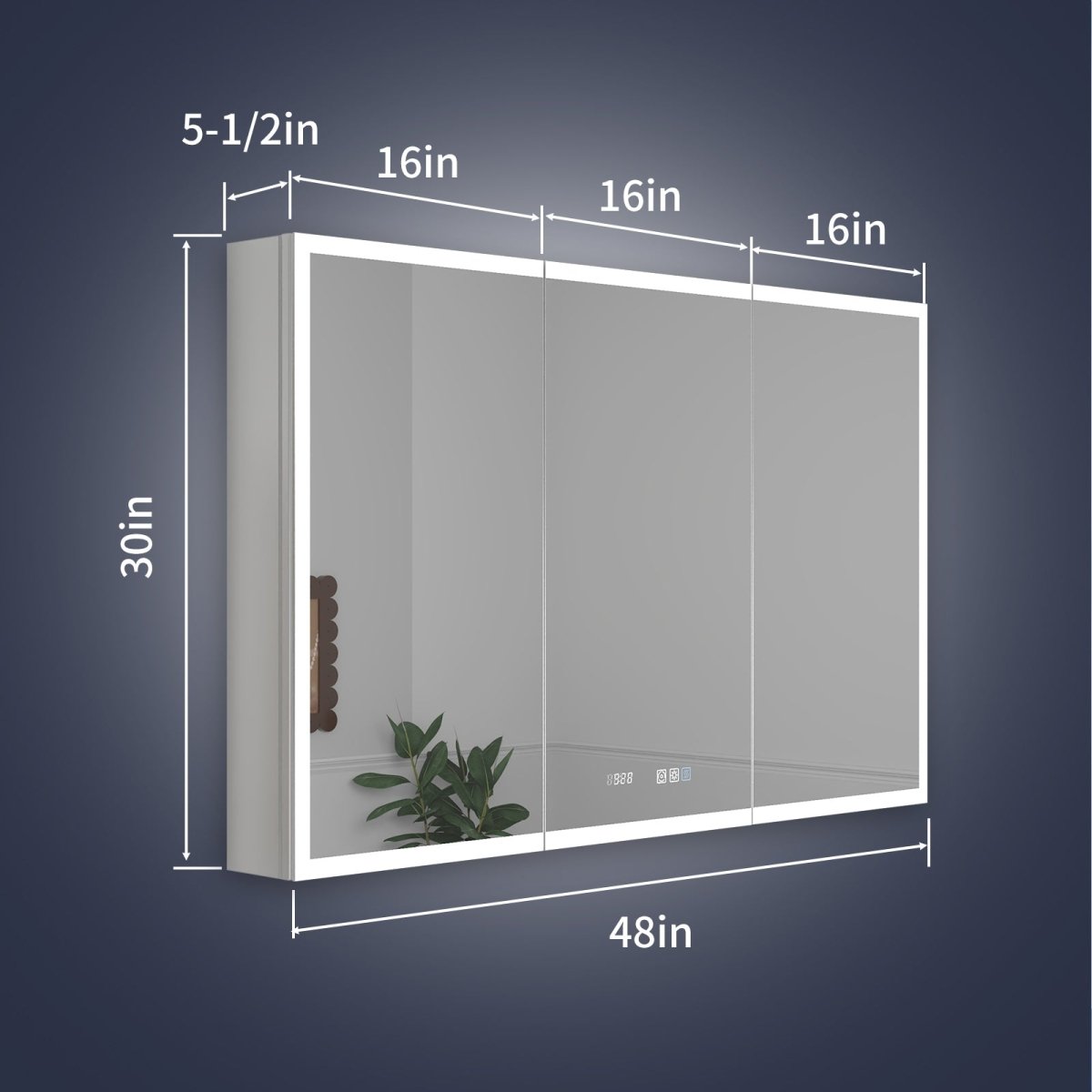 Rim 48" W x 30" H LED lighted medicine cabinet with clock, mirrors, recessed or surface mount, features adjustable lighting and defogging.