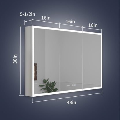 Rim 48" W x 30" H LED lighted medicine cabinet with clock, mirrors, recessed or surface mount, features adjustable lighting and defogging.