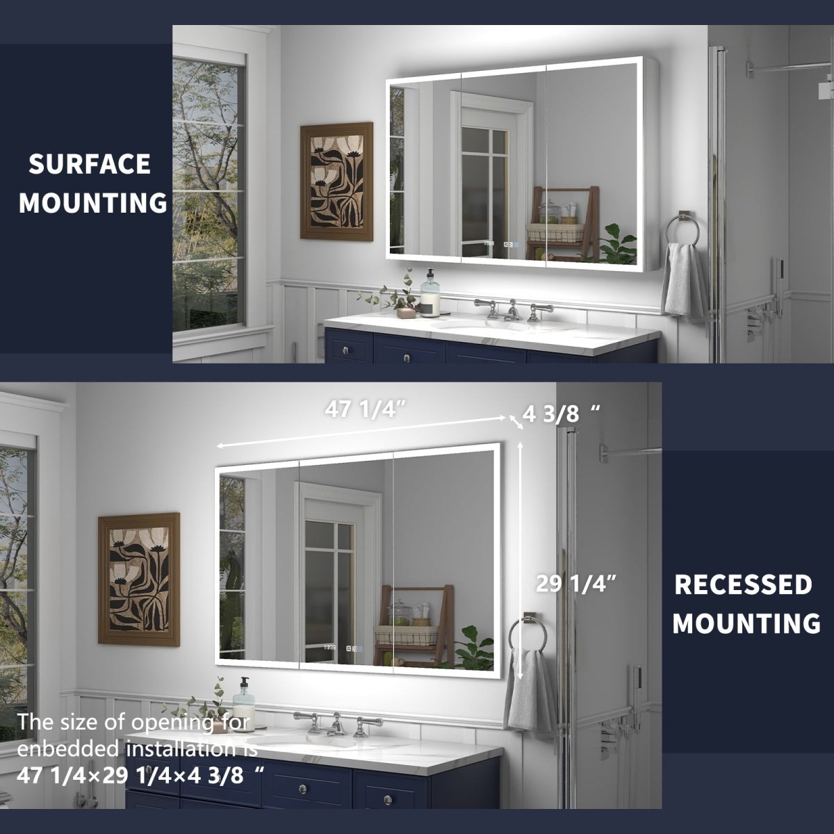 Rim 48" x 30" LED lighted medicine cabinet, recessed or surface mount, with clock and mirrors.