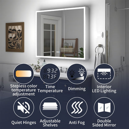 Rim 48" x 30" LED lighted medicine cabinet with dimming, temperature display, and anti-fog functionality in a modern bathroom setting.