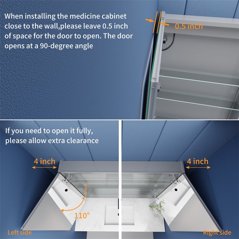 Rim 48" x 30" LED lighted medicine cabinet installation guide showing clearance requirements.
