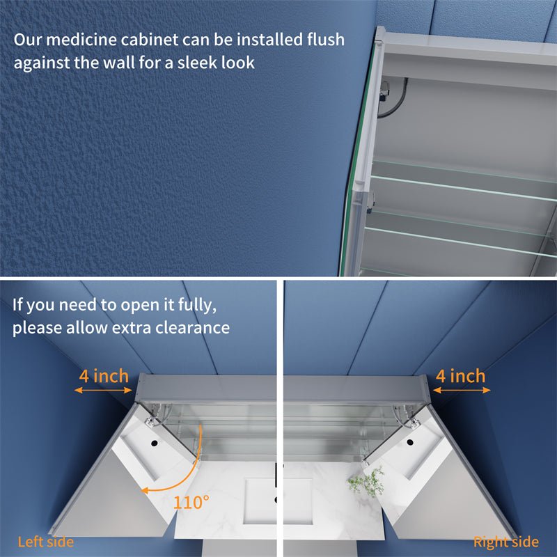Rim 48" x 30" LED lighted medicine cabinet installation details with recessed or surface mount options.