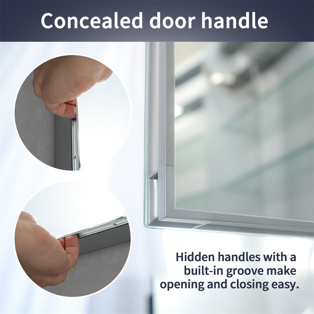 Rim 48" W x 30" H LED lighted medicine cabinet with concealed door handle, showing hidden handles for easy opening.