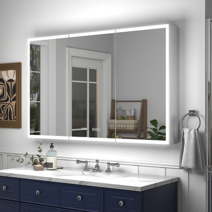 Rim 48" x 30" LED lighted medicine cabinet with clock and mirrors above bathroom vanity.