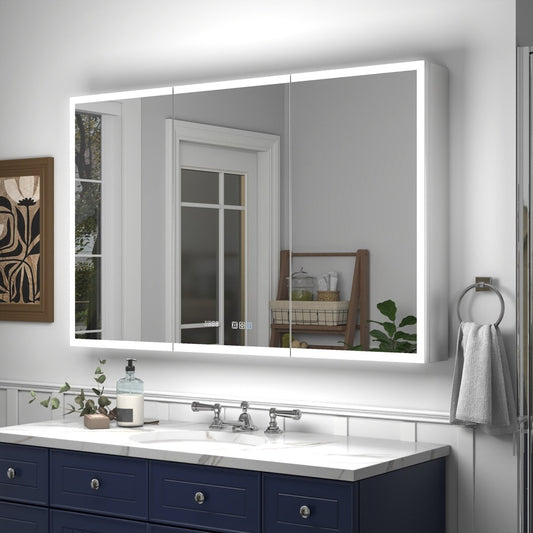 Rim 48" x 30" LED lighted medicine cabinet with clock and mirrors above bathroom vanity.