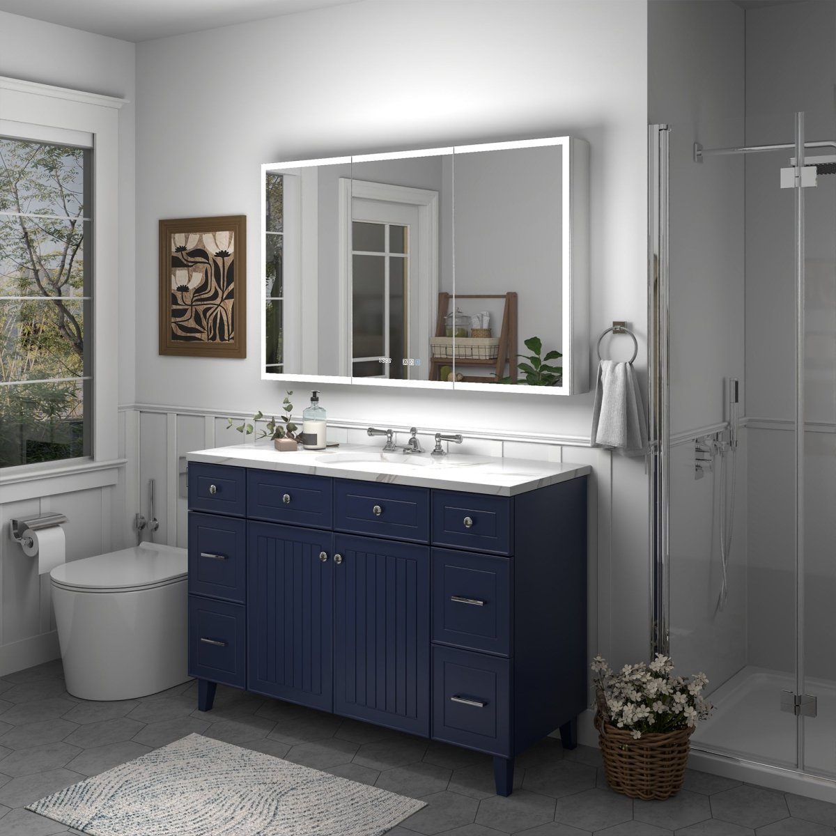 Rim 48" W x 30" H LED lighted medicine cabinet in modern bathroom setting with vanity and mirror.