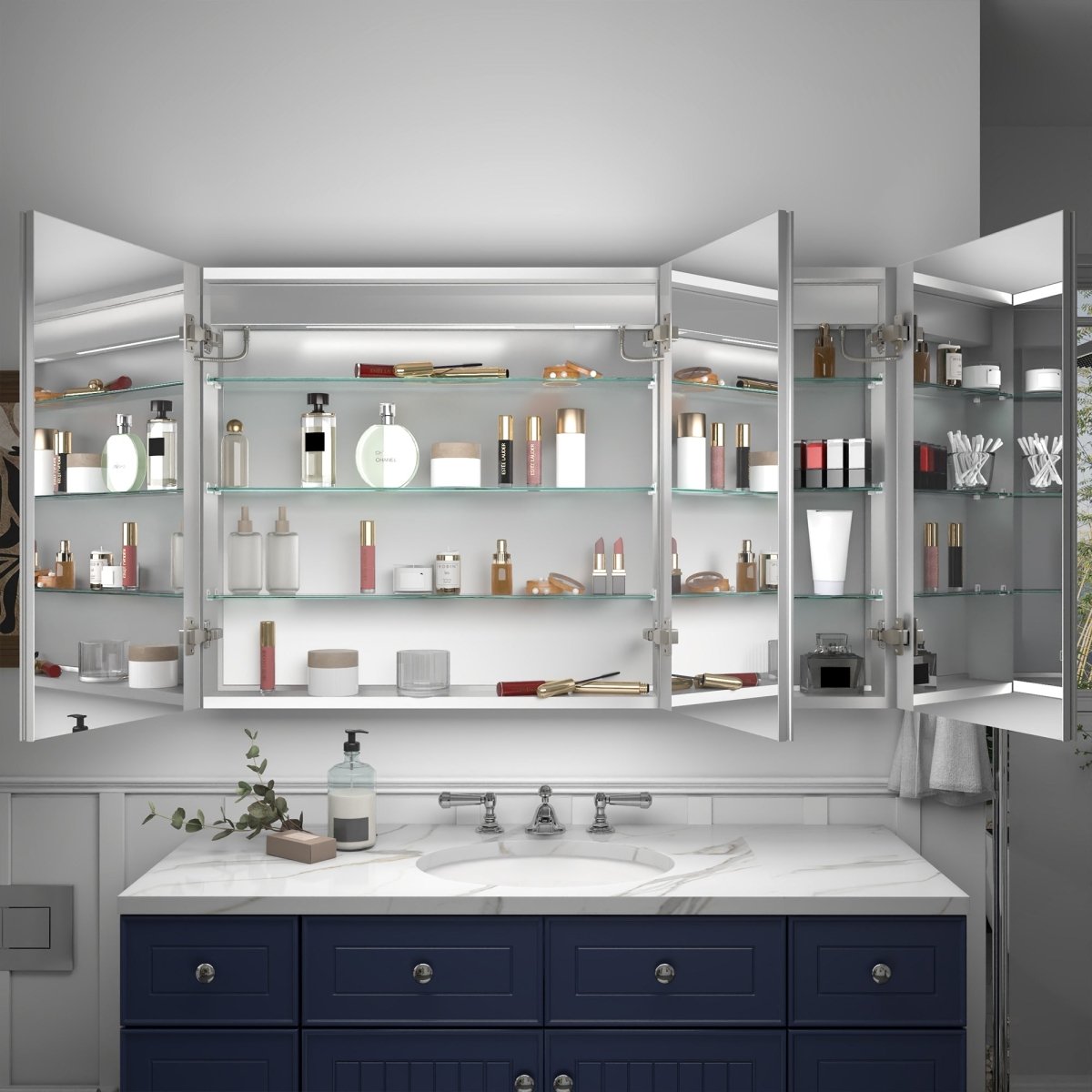 Rim 48" x 30" LED lighted medicine cabinet with mirror, adjustable lighting, clock, and temperature display.