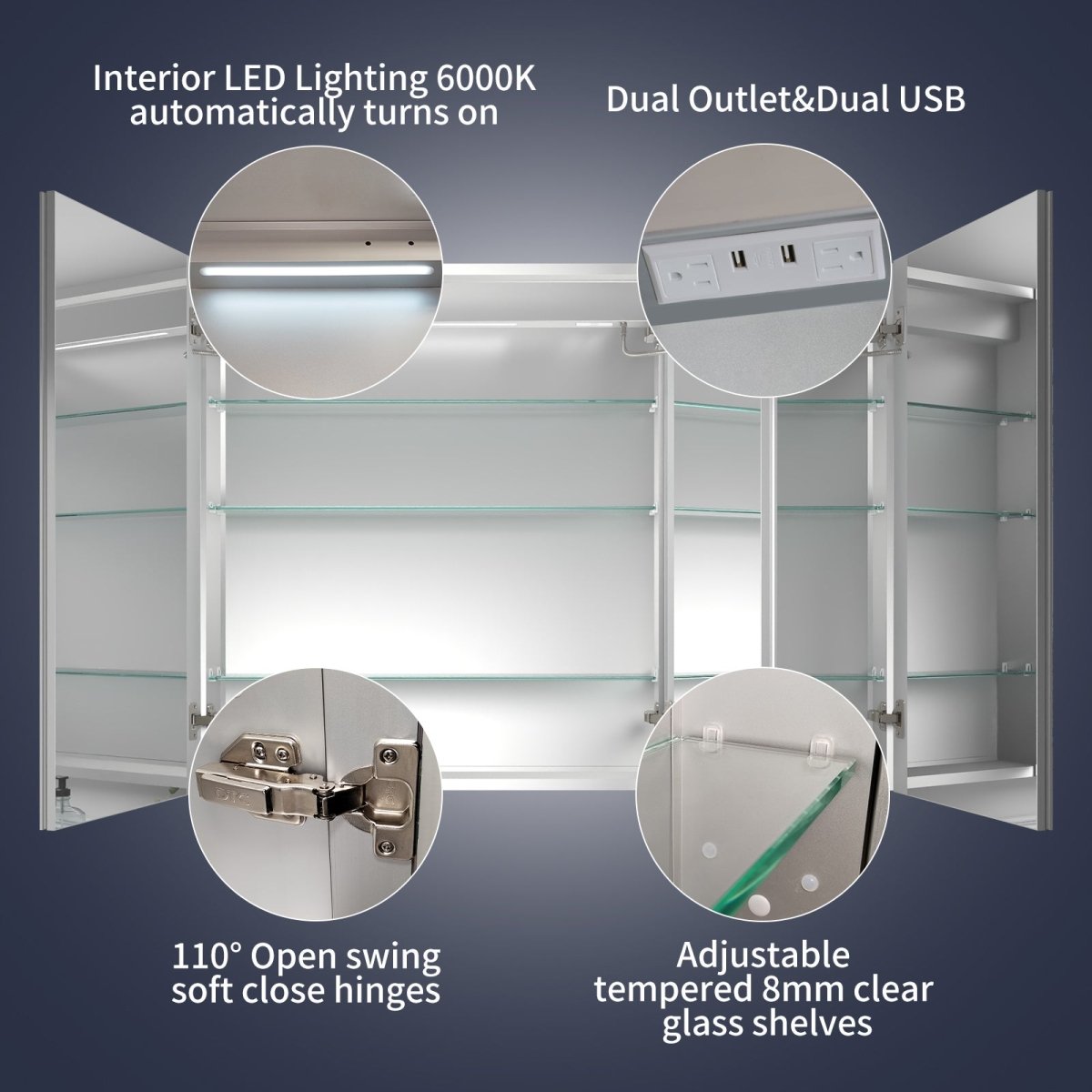 Rim 48" x 36" LED lighted medicine cabinet with dual outlets, adjustable shelves, and interior lighting.