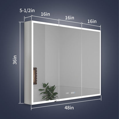 Rim 48" W x 36" H LED lighted medicine cabinet, recessed or surface mount, with clock and mirrors, featuring adjustable lighting and defogging technology.