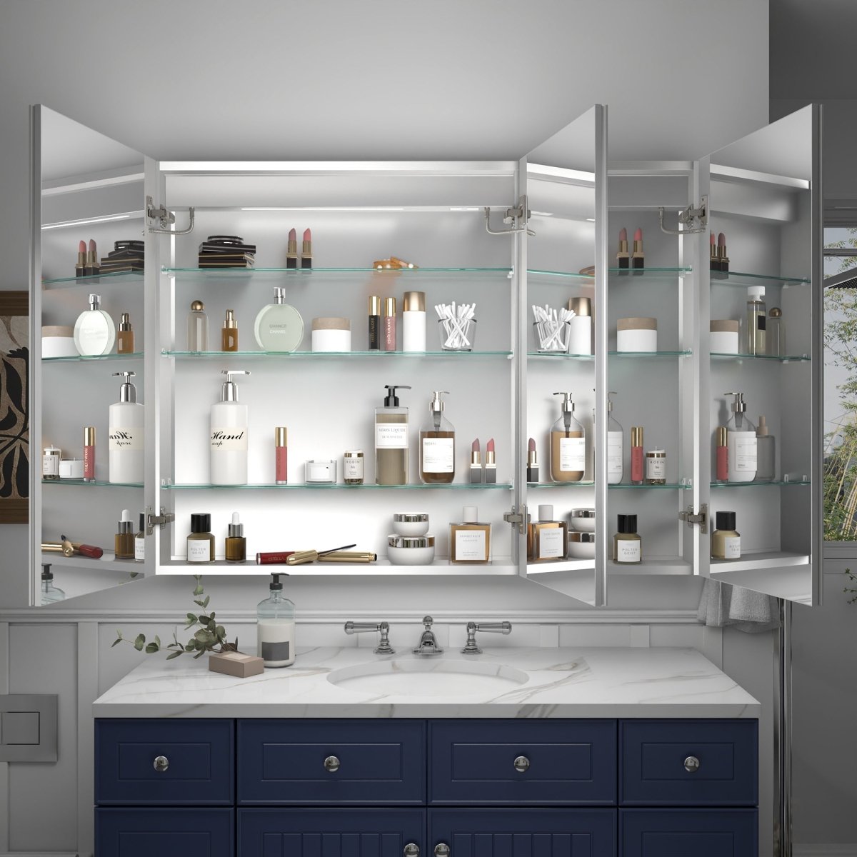 Rim 48" x 36" LED lighted medicine cabinet with adjustable brightness, mirror shelves, clock, and temperature display, installed above a sink.