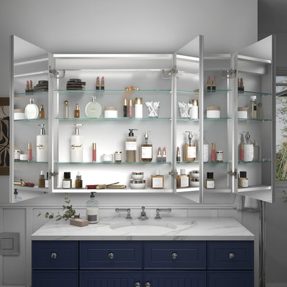 Rim 48" x 36" LED lighted medicine cabinet with adjustable brightness, mirror shelves, clock, and temperature display, installed above a sink.