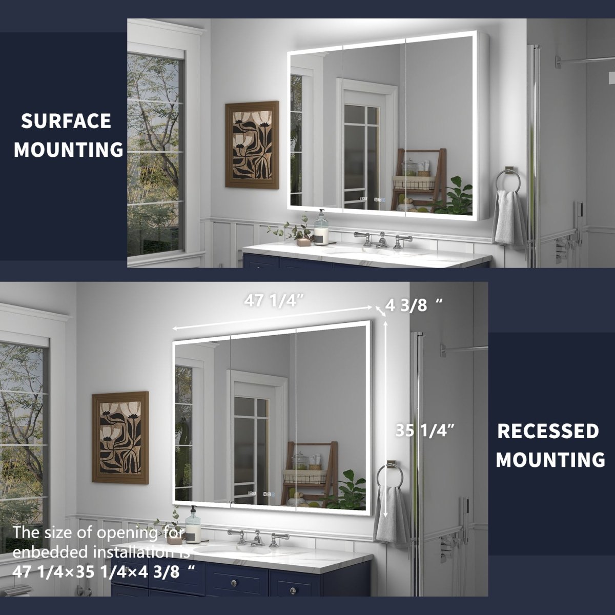 Rim 48" x 36" LED lighted medicine cabinet with clock and mirrors, suitable for recessed or surface mounting in bathrooms.