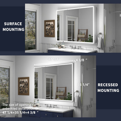 Rim 48" x 36" LED lighted medicine cabinet with clock and mirrors, suitable for recessed or surface mounting in bathrooms.