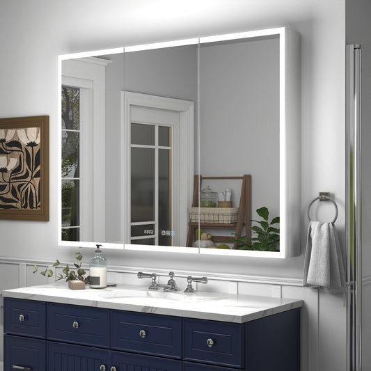 Rim 48" x 36" LED lighted medicine cabinet with clock and mirrors in bathroom setting.
