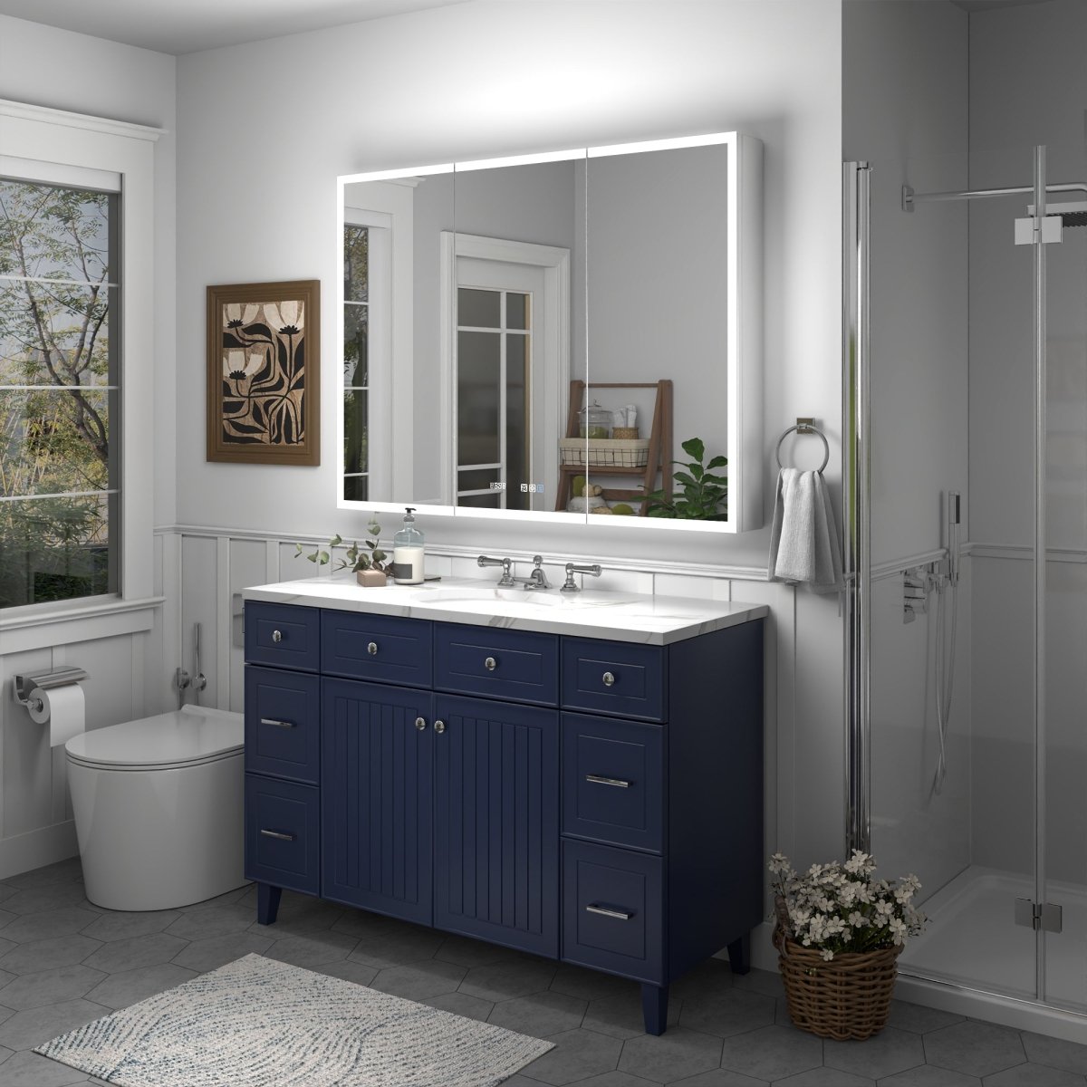 Rim 48" x 36" LED Lighted Medicine Cabinet in modern bathroom with recessed or surface installation, clock, and mirrors.