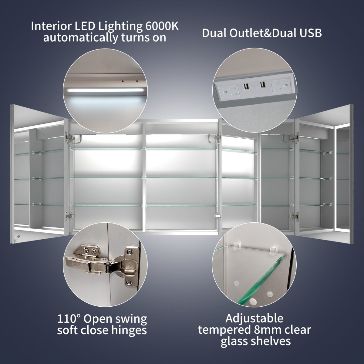 60" x 30" LED Lighted Medicine Cabinet with Mirrors, Clock, Dual Outlet, and USB Ports.