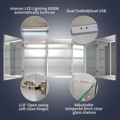 60" x 30" LED Lighted Medicine Cabinet with Mirrors, Clock, Dual Outlet, and USB Ports.